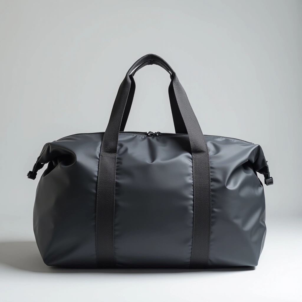 Charcoal grey duffle bag with grab handles and detached shoulder straps on light grey background