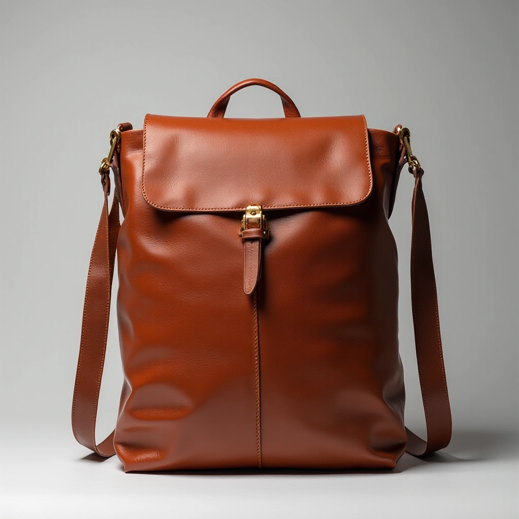 Cognac tan leather crossbody bag with brass hardware and visible patina on neutral grey background