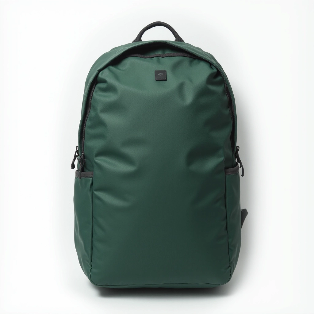 Forest green backpack with visible compartments and organizational pockets on white studio background