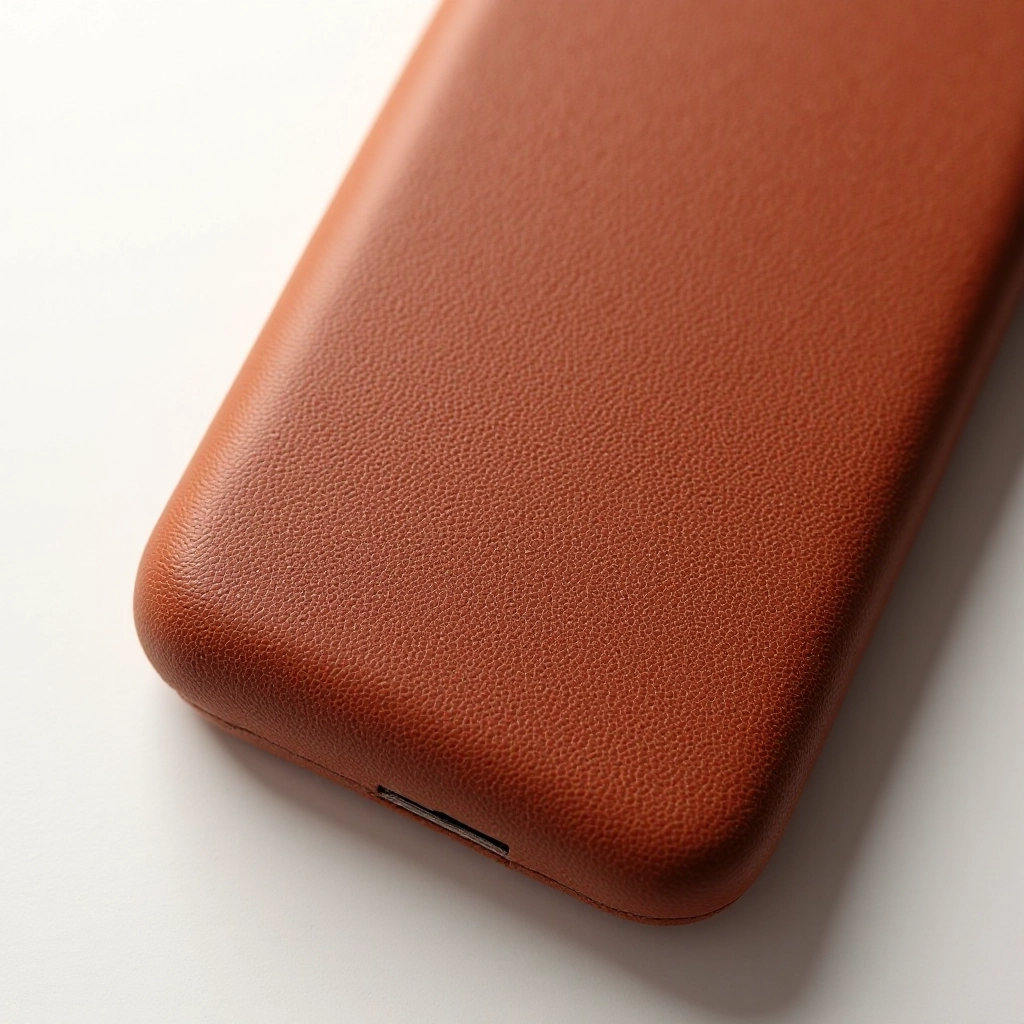 Close-up detail of cognac leather texture showing natural grain patterns and rich color variations, shot in natural window light