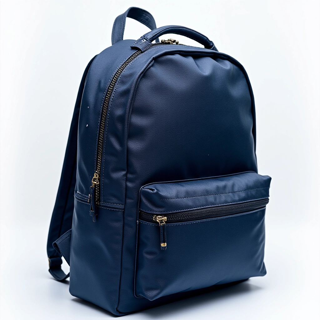 Close-up view of navy backpack showing detailed stitching, zipper quality, and textured fabric surface with water droplets demonstrating water resistance