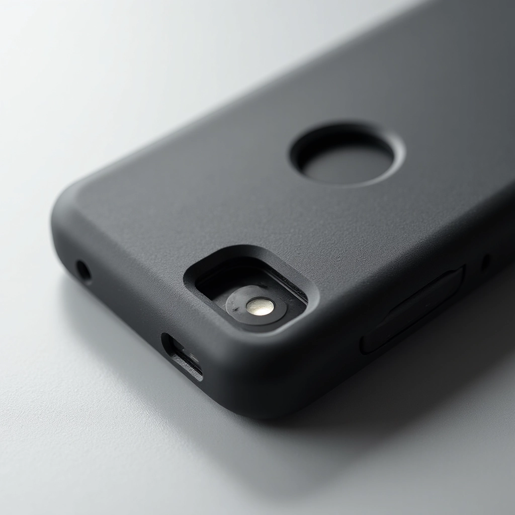 Close-up detail of black rugged phone case showing textured grip surface and reinforced TPU corner protection, professional product photography