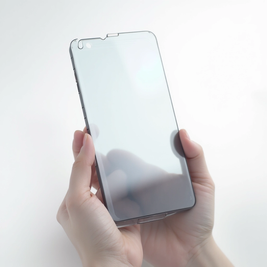 Tempered glass screen protector held at slight angle against white background, showing transparent clarity and beveled edge detail with studio lighting